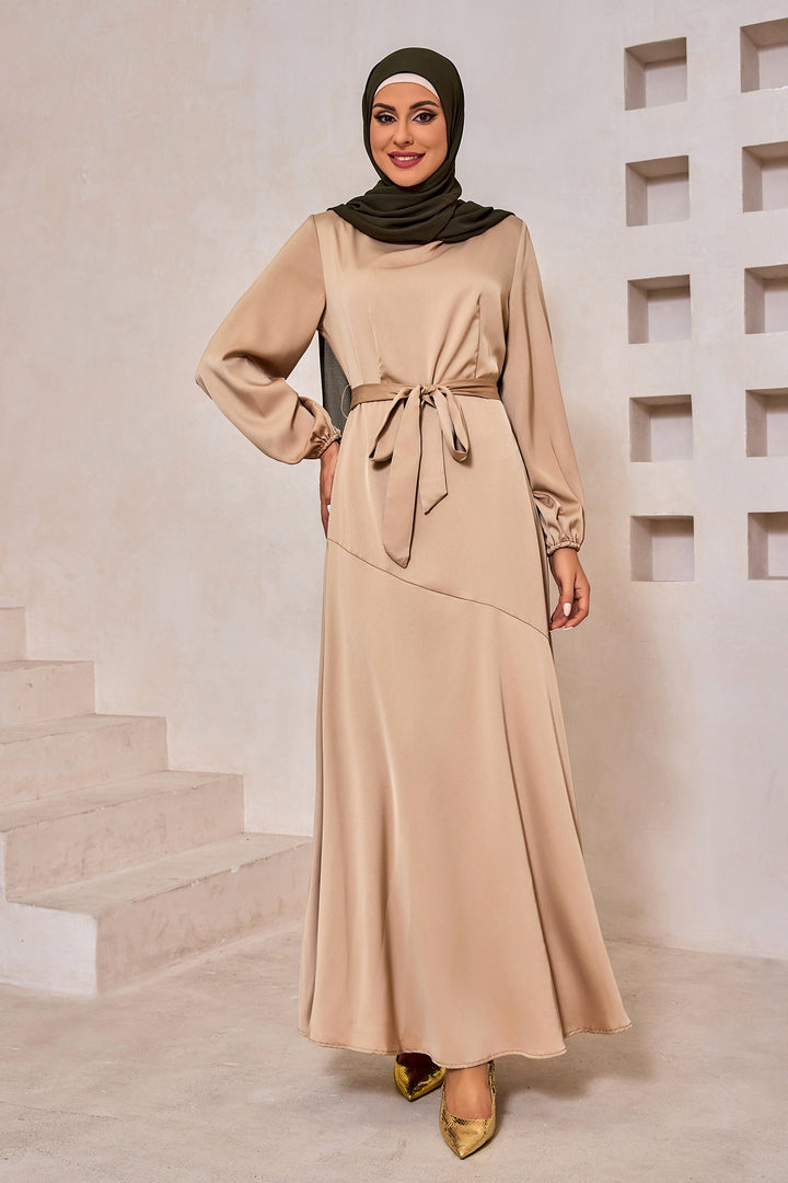 Taupe Satin Long Sleeve Maxi Dress-CLEARANCE