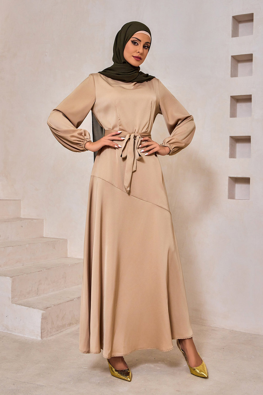 Taupe Satin Long Sleeve Maxi Dress-CLEARANCE