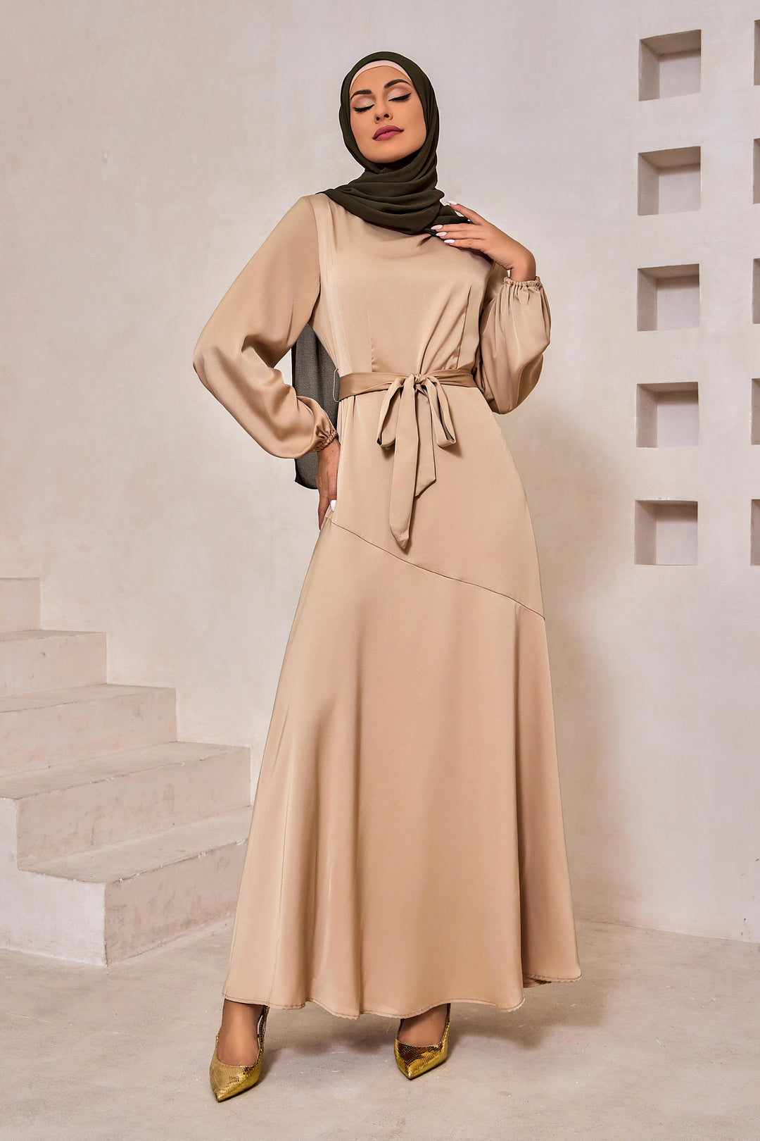 Taupe Satin Long Sleeve Maxi Dress-CLEARANCE