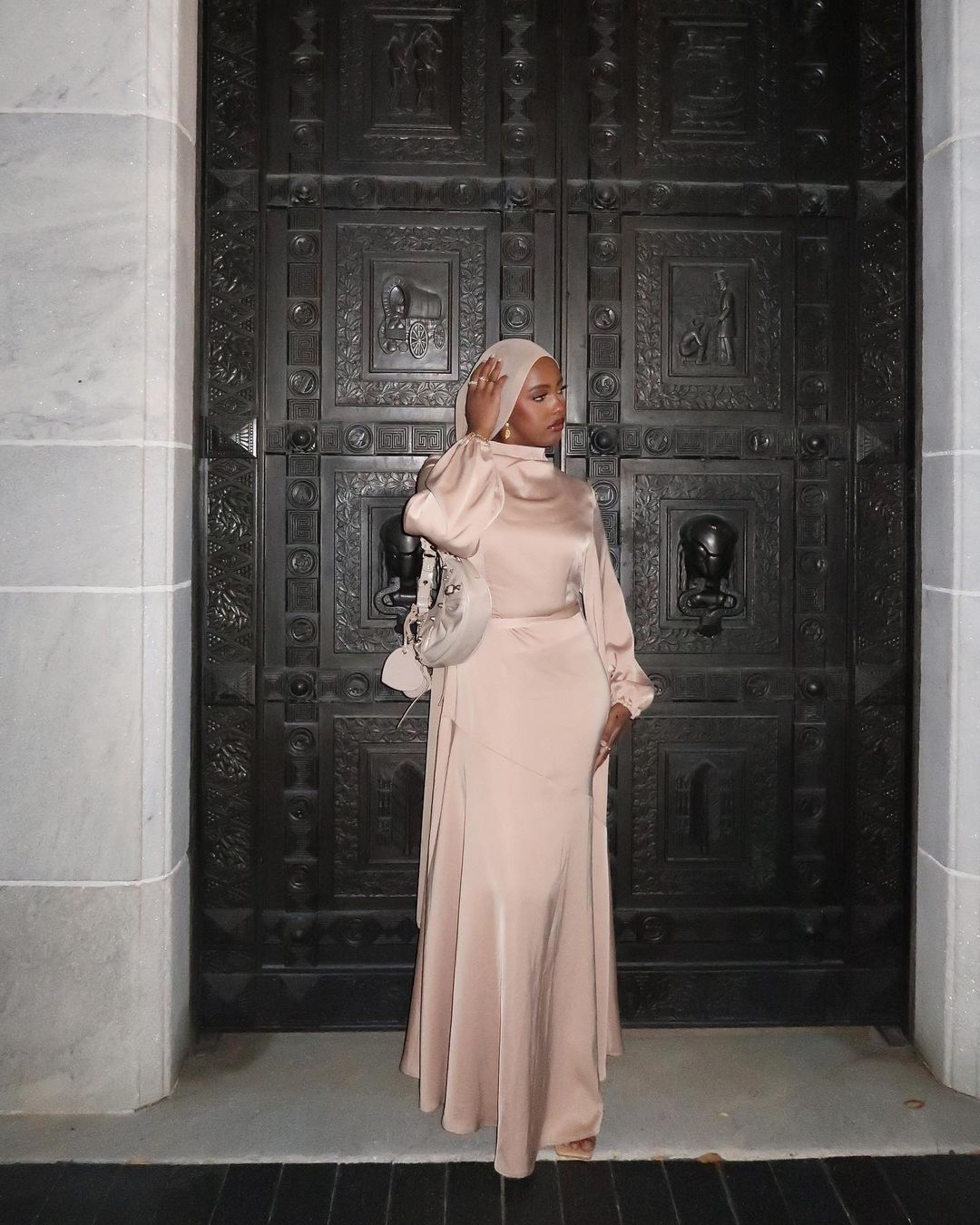 Taupe Satin Long Sleeve Maxi Dress-CLEARANCE