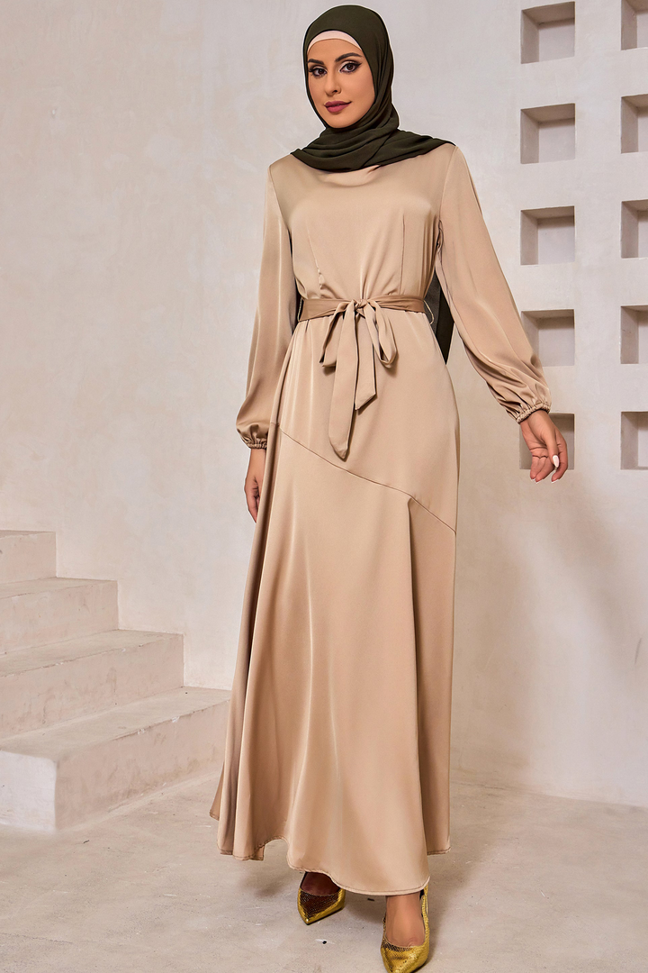 Taupe Satin Long Sleeve Maxi Dress-CLEARANCE