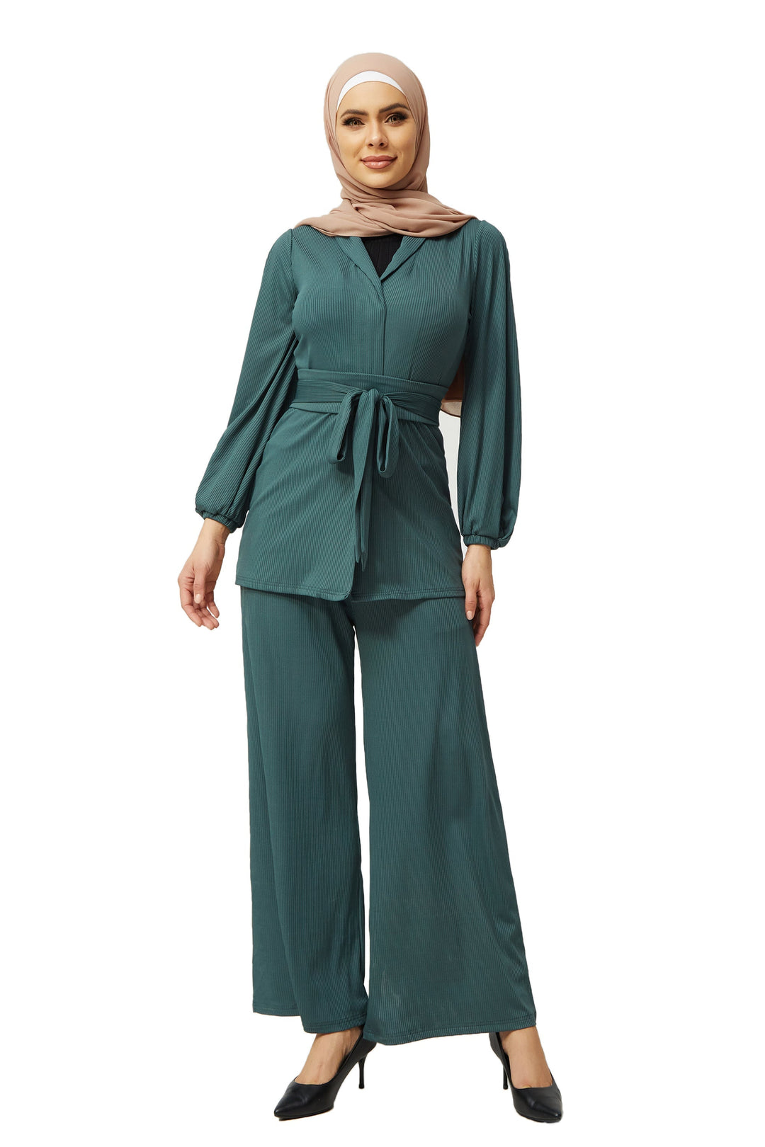 Teal Belted Ribbed Tunic & Pants Set-PREORDER