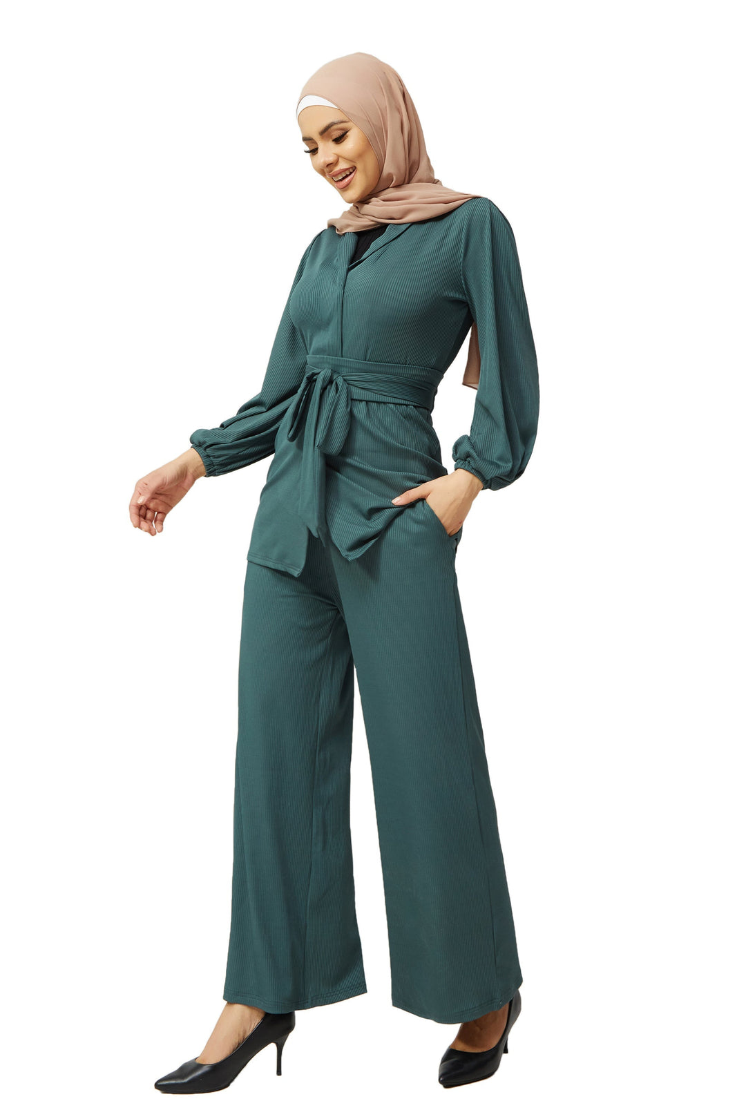 Teal Belted Ribbed Tunic & Pants Set-PREORDER