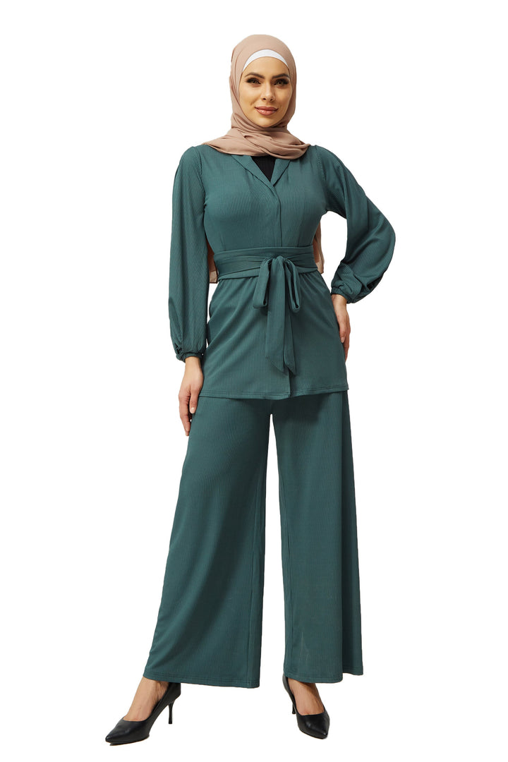 Teal Belted Ribbed Tunic & Pants Set-PREORDER