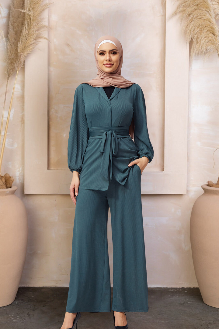 Teal Belted Ribbed Tunic & Pants Set-PREORDER