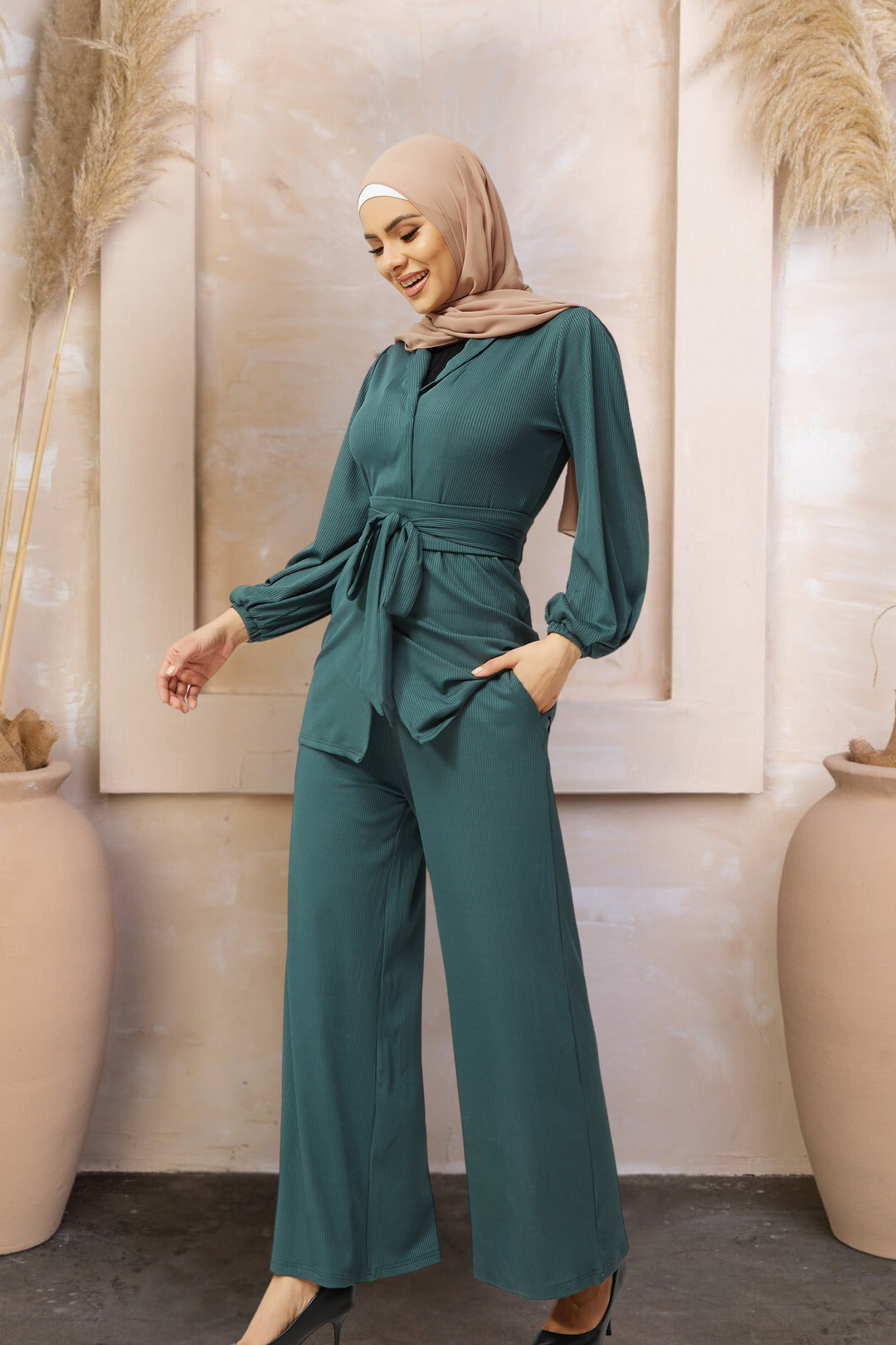 Teal Belted Ribbed Tunic & Pants Set-PREORDER