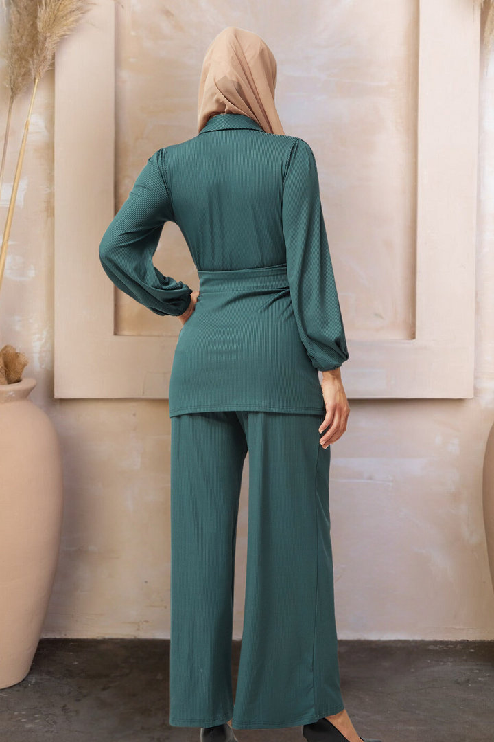 Teal Belted Ribbed Tunic & Pants Set-PREORDER