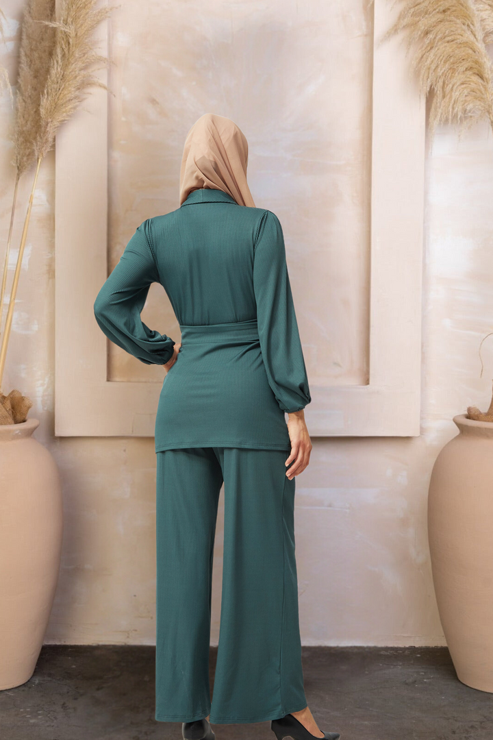 Teal Belted Ribbed Tunic & Pants Set-PREORDER