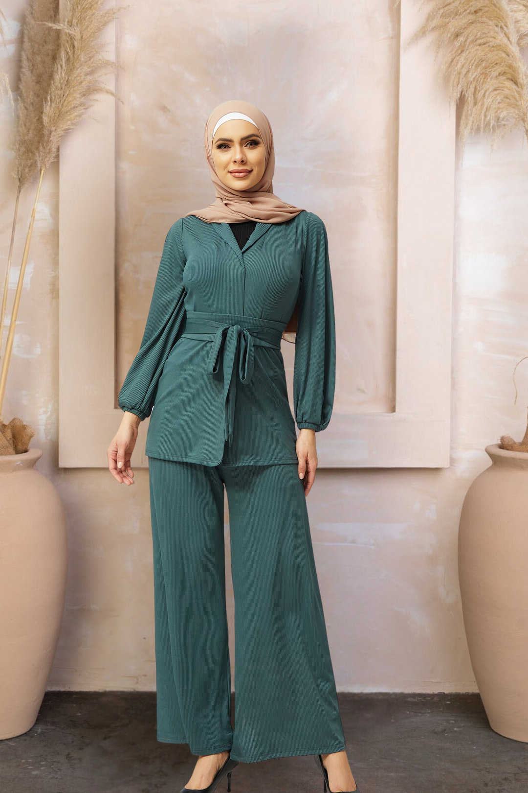 Teal Belted Ribbed Tunic & Pants Set-PREORDER