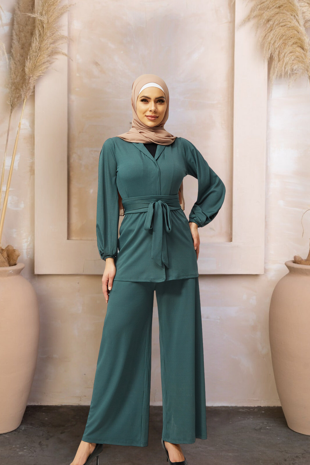 Teal Belted Ribbed Tunic & Pants Set-PREORDER