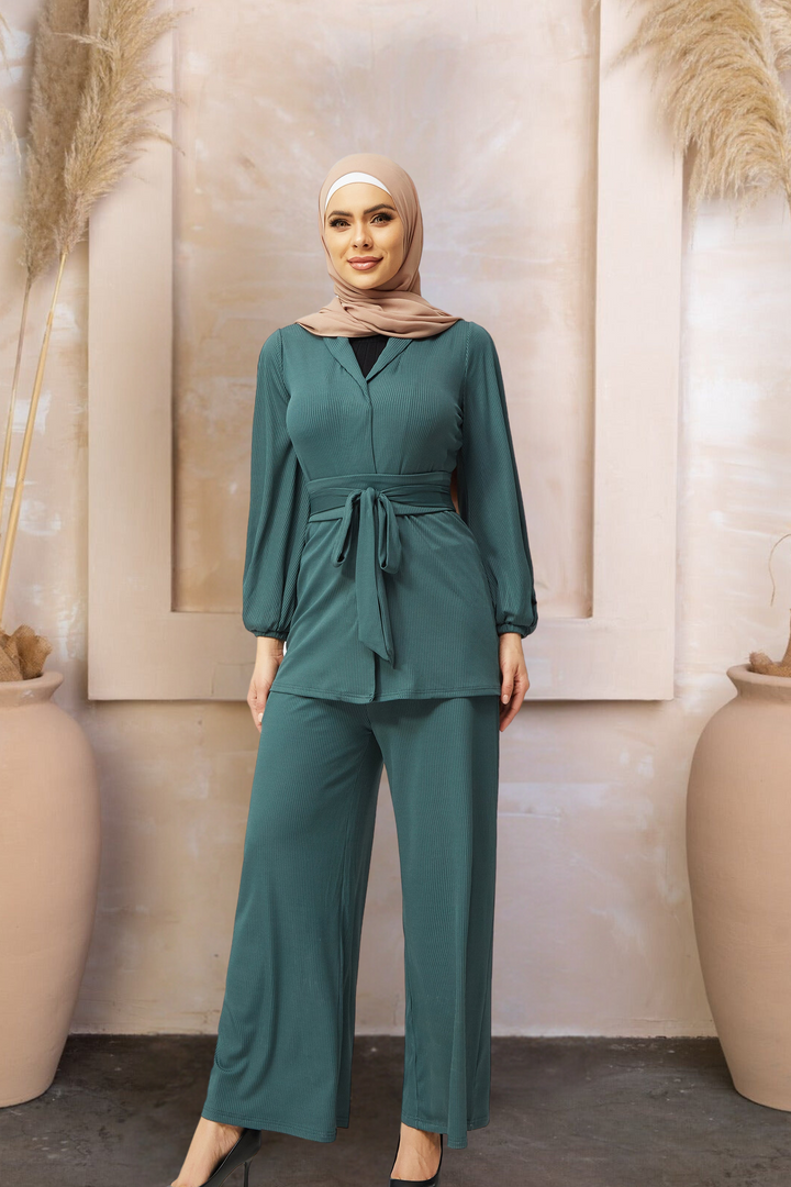 Teal Belted Ribbed Tunic & Pants Set-PREORDER