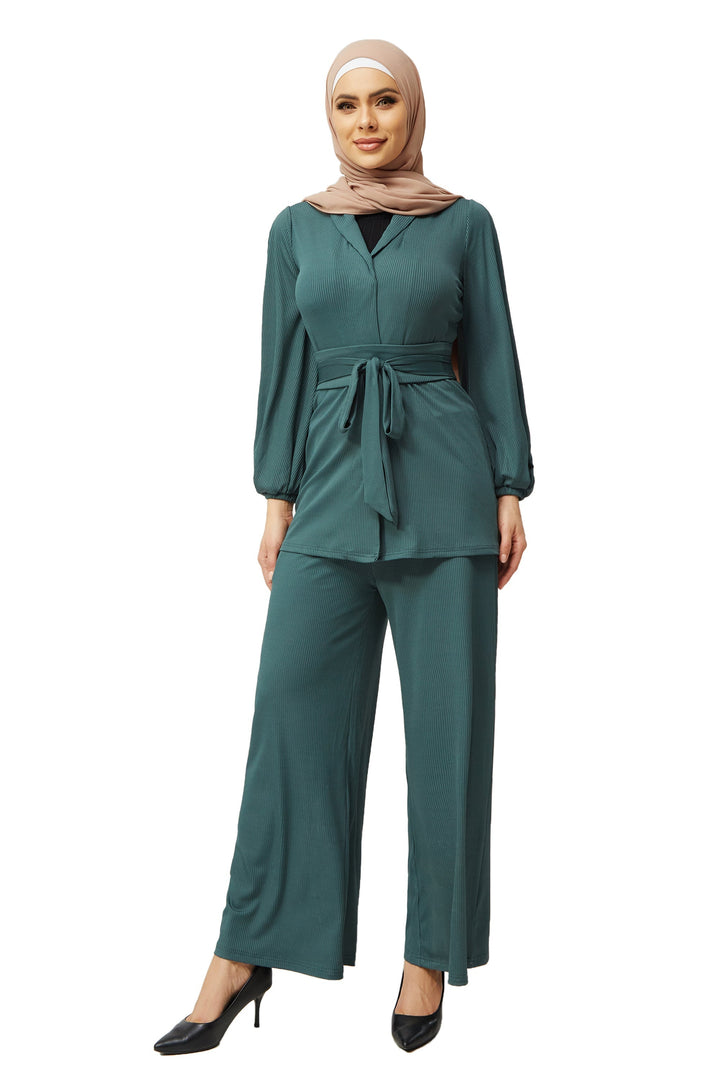 Teal Belted Ribbed Tunic & Pants Set-PREORDER