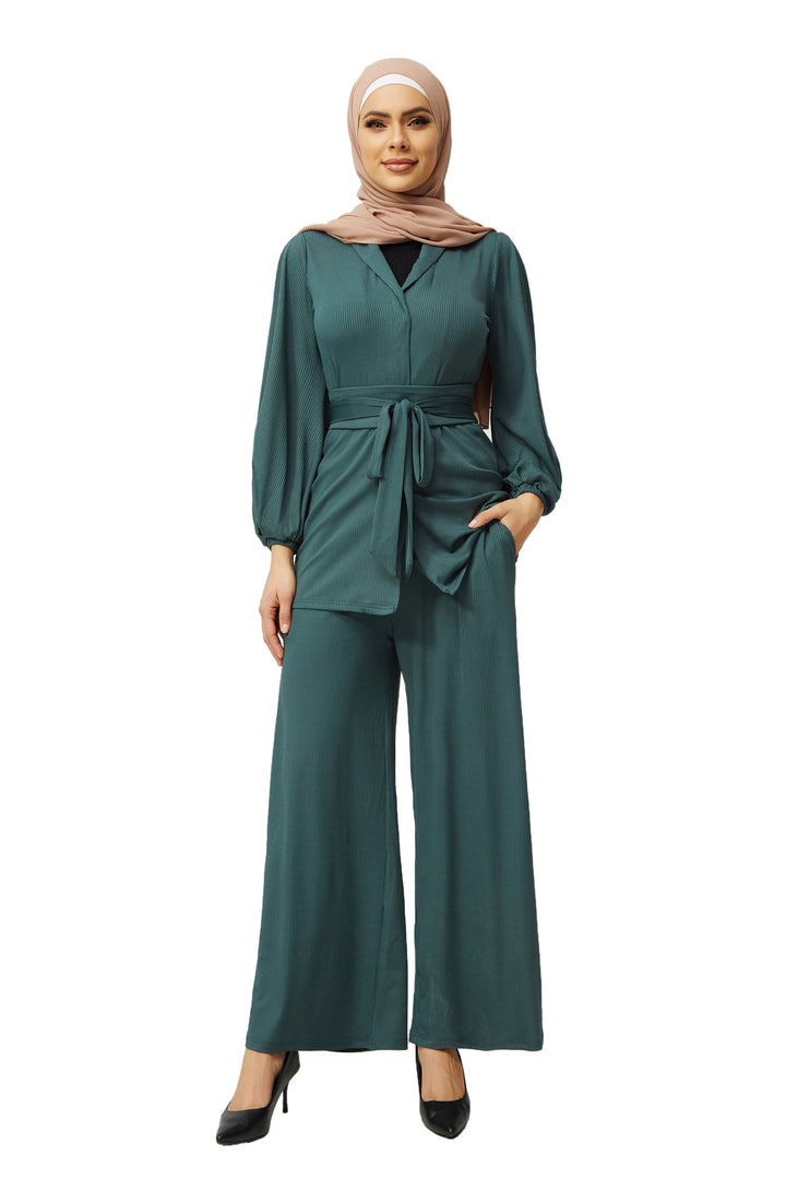 Teal Belted Ribbed Tunic & Pants Set-PREORDER