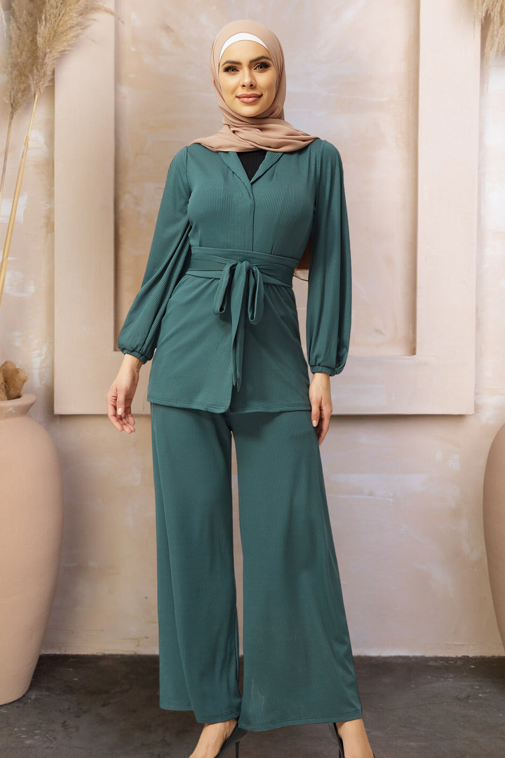 Teal Belted Ribbed Tunic & Pants Set-PREORDER