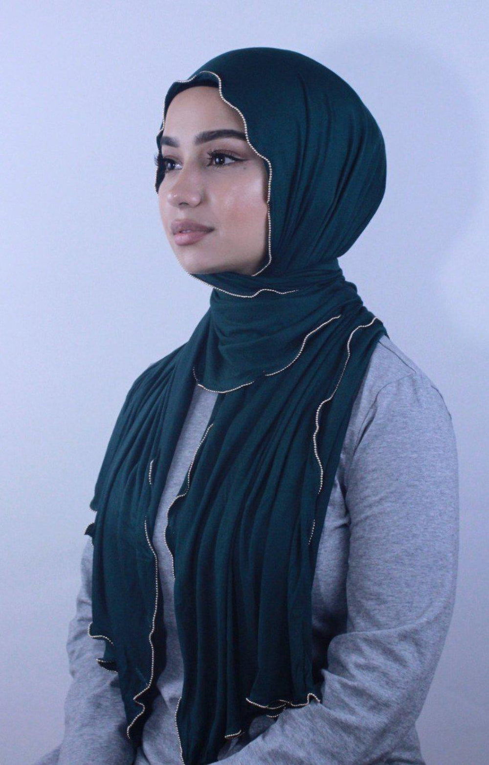 Teal Jersey Solid With Beaded Trim Hijab