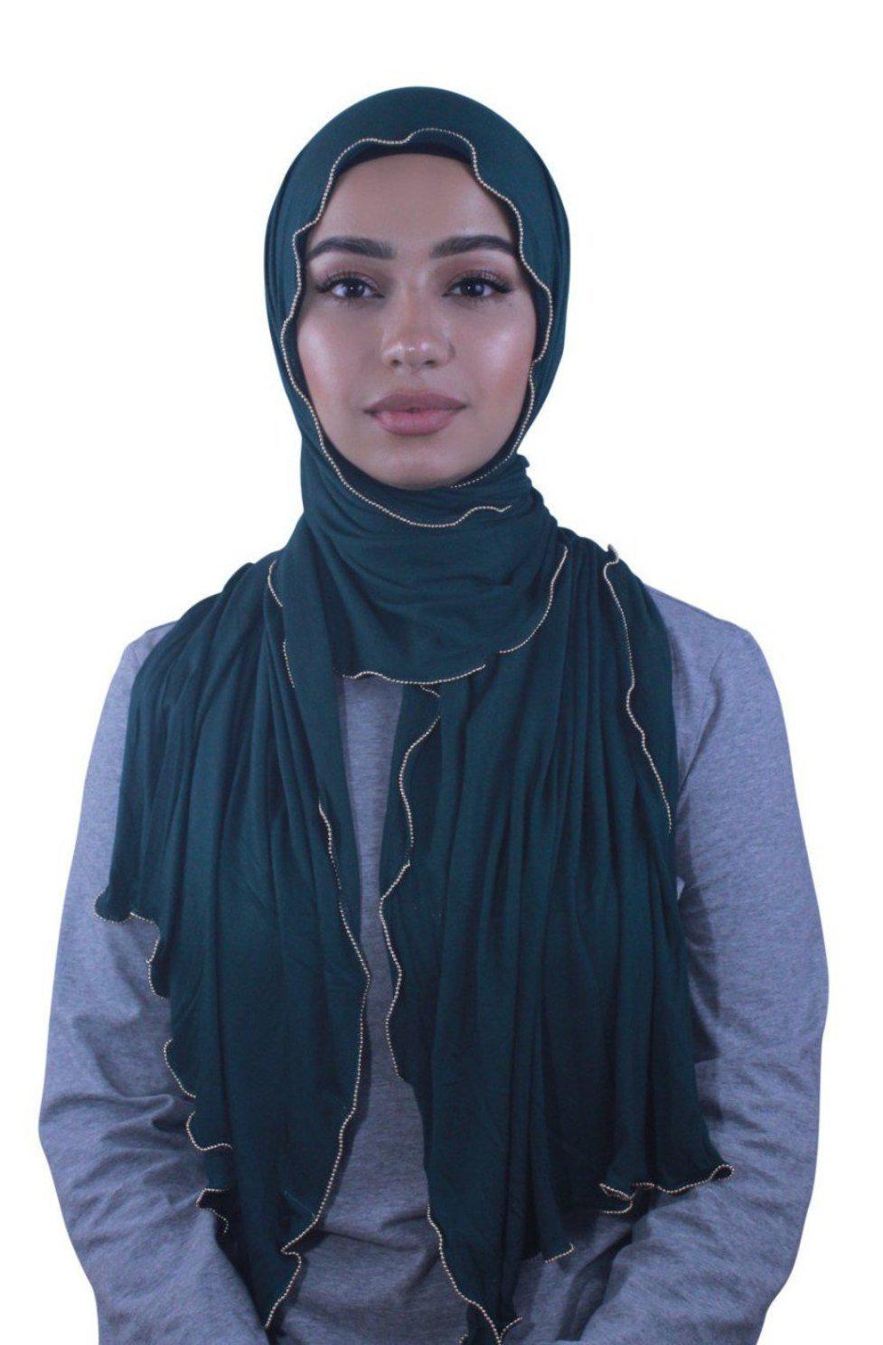 Teal Jersey Solid With Beaded Trim Hijab