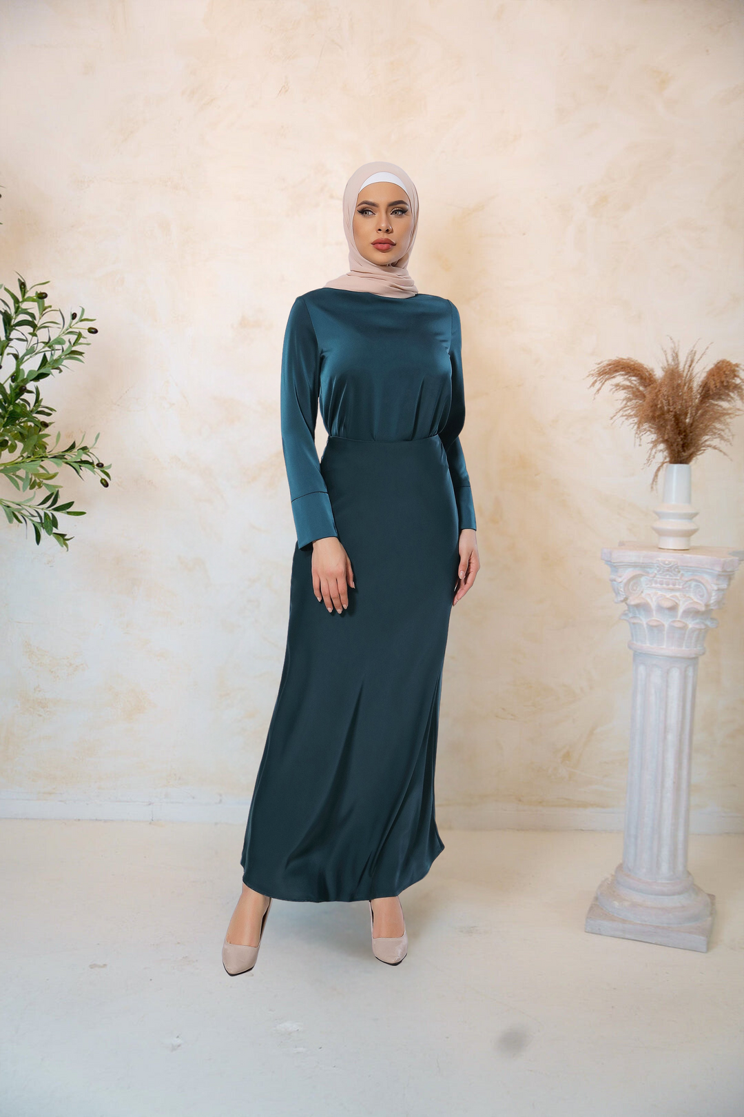 Teal Satin Long Sleeve Skirt Set-PREORDER