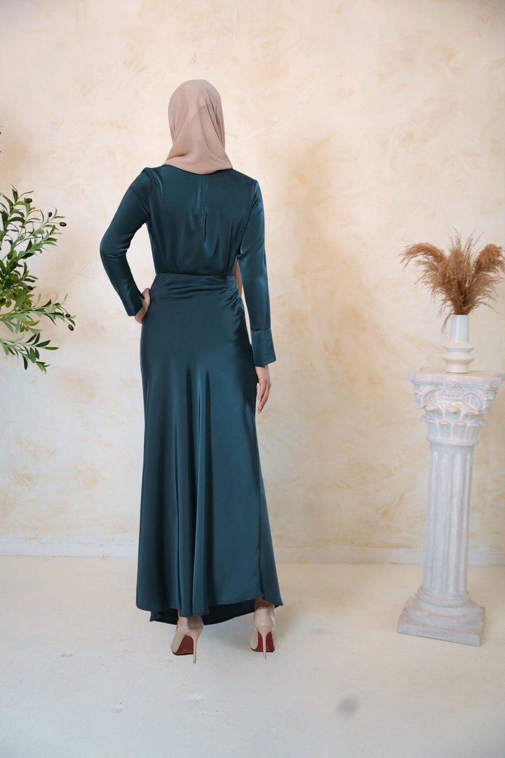 Teal Satin Long Sleeve Skirt Set-PREORDER