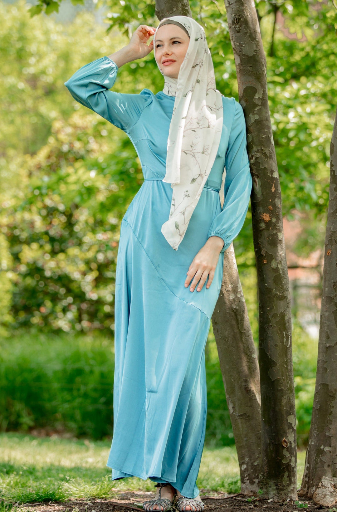 Topaz Blue Asymmetrical Satin Maxi Dress-CLEARANCE