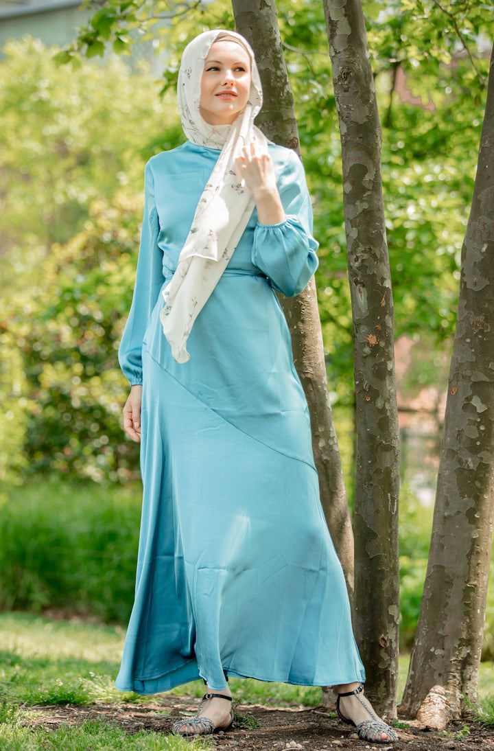 Topaz Blue Asymmetrical Satin Maxi Dress-CLEARANCE