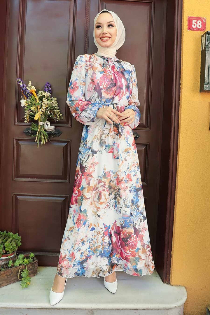 Watercolor Floral Chiffon Long Sleeve Maxi Dress - Urban Modesty