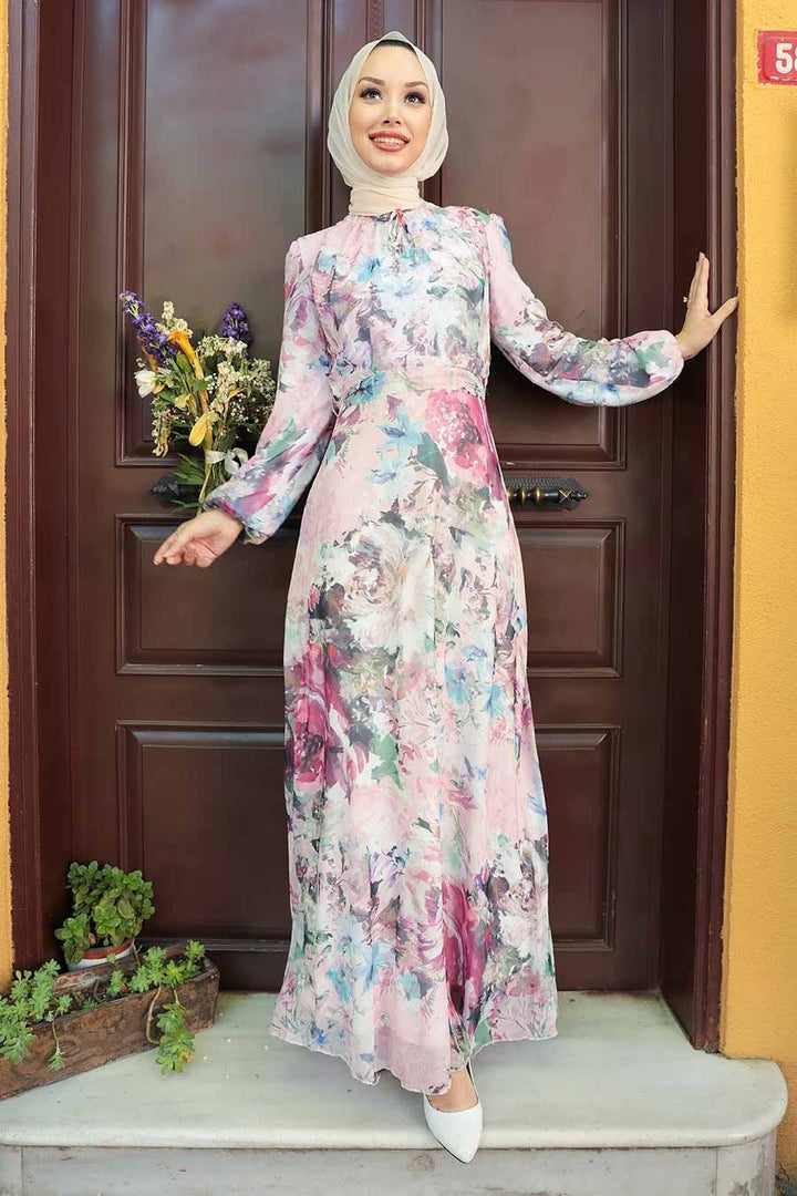 Watercolor Floral Chiffon Long Sleeve Maxi Dress - Urban Modesty