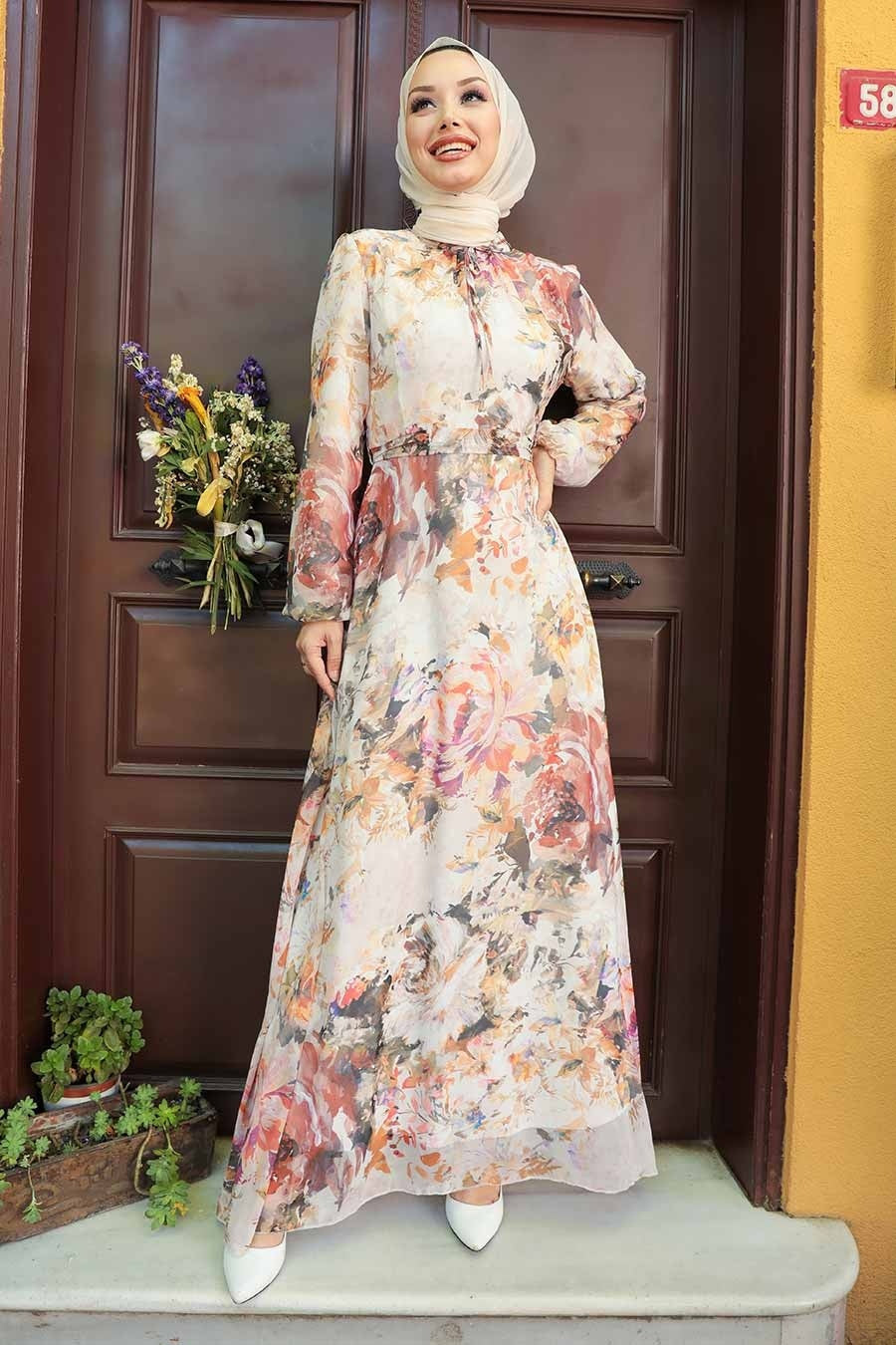 Watercolor Floral Chiffon Long Sleeve Maxi Dress - Urban Modesty