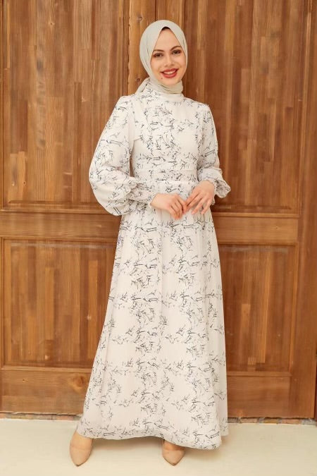 White Floral Long Sleeves Maxi Dress - Urban Modesty