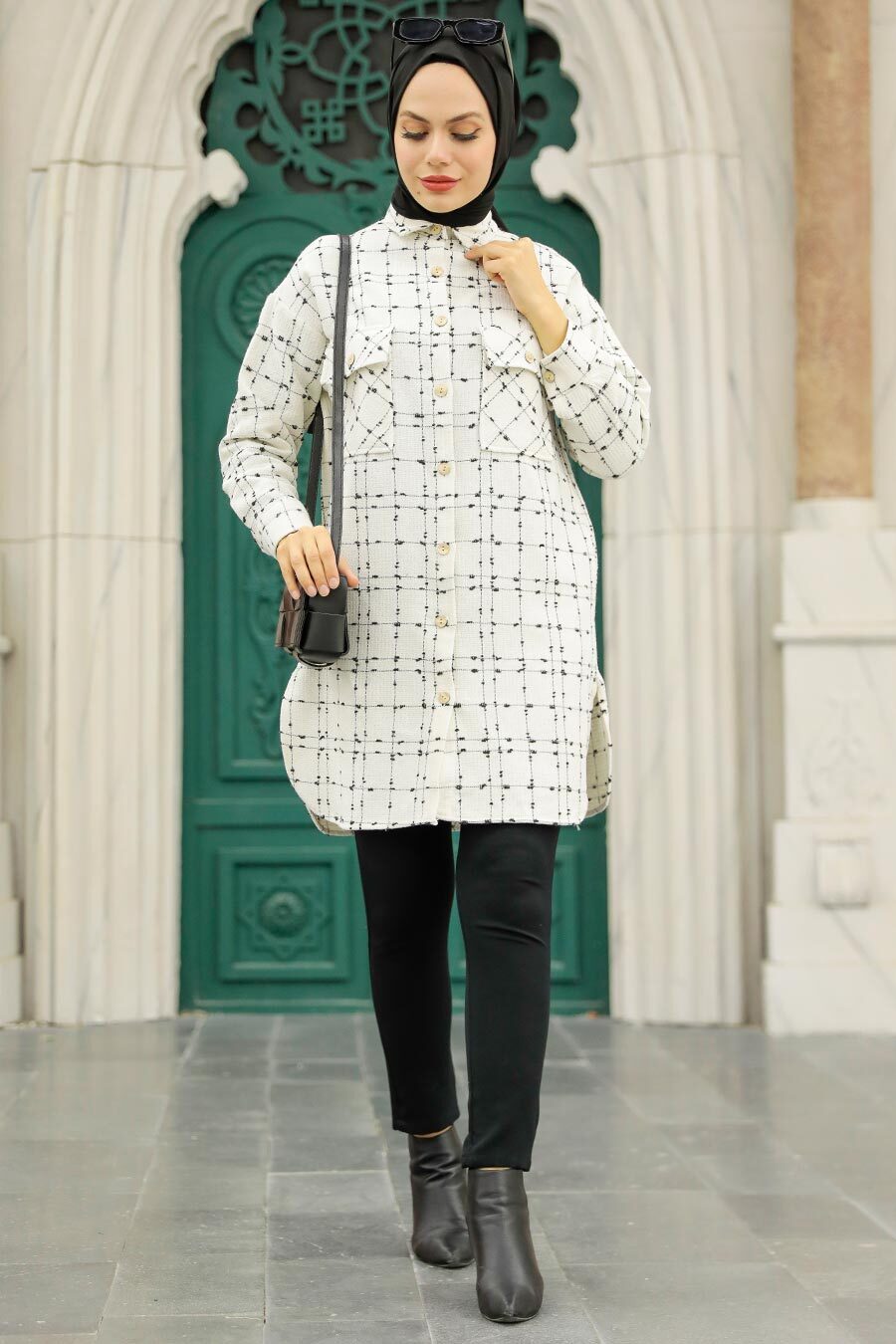 White Grid Print Modest Shacket