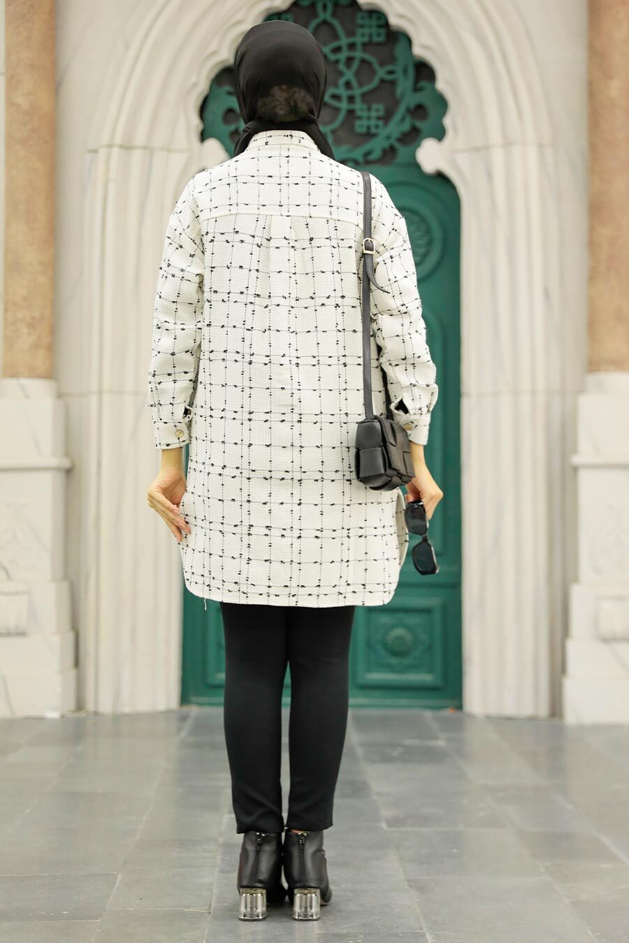 White Grid Print Modest Shacket