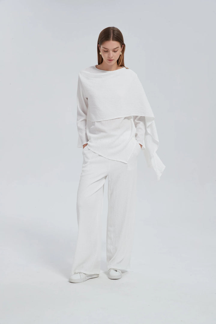 White Side Draped Pants Set One Size (S L) / White