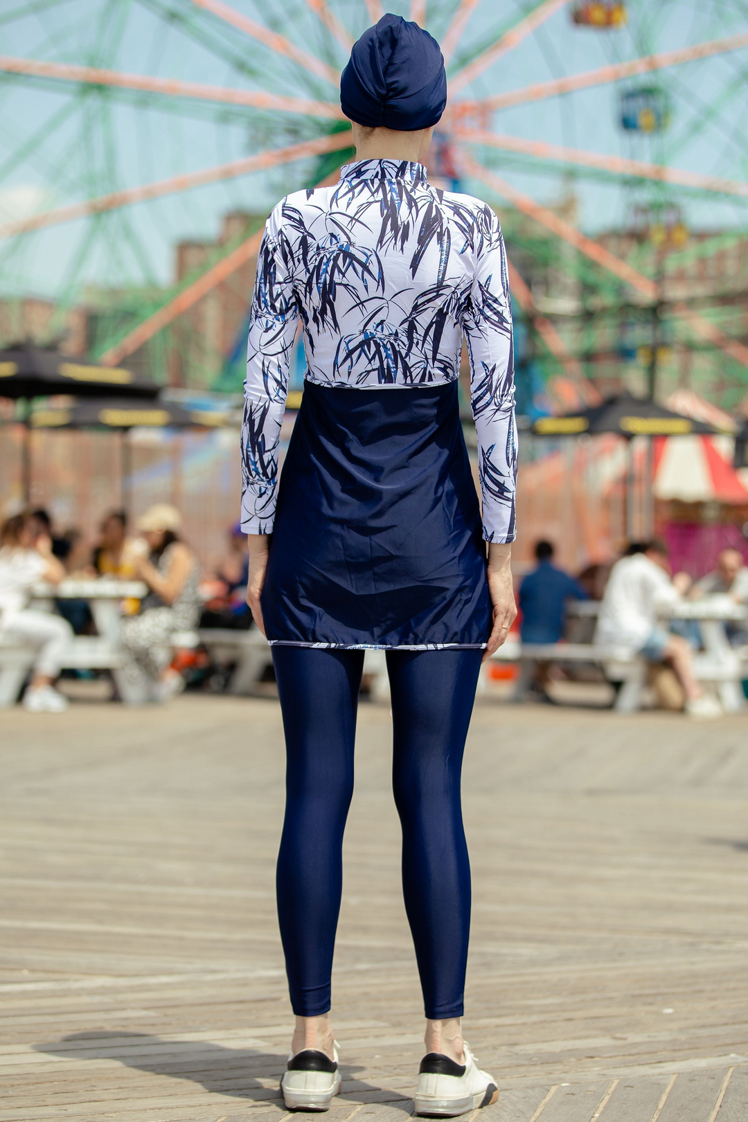 White and Navy Floral 3 Piece Modest Swimsuit