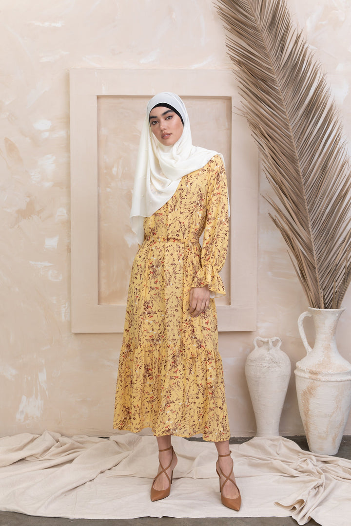 Yellow Bell Sleeves Floral Maxi Dress