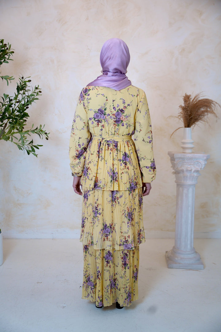 Yellow Button Down Cascading Ruffles Floral Print Maxi Dress