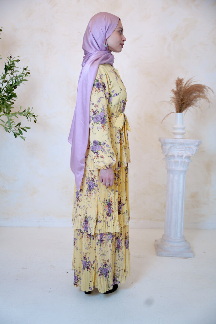 Yellow Button Down Cascading Ruffles Floral Print Maxi Dress