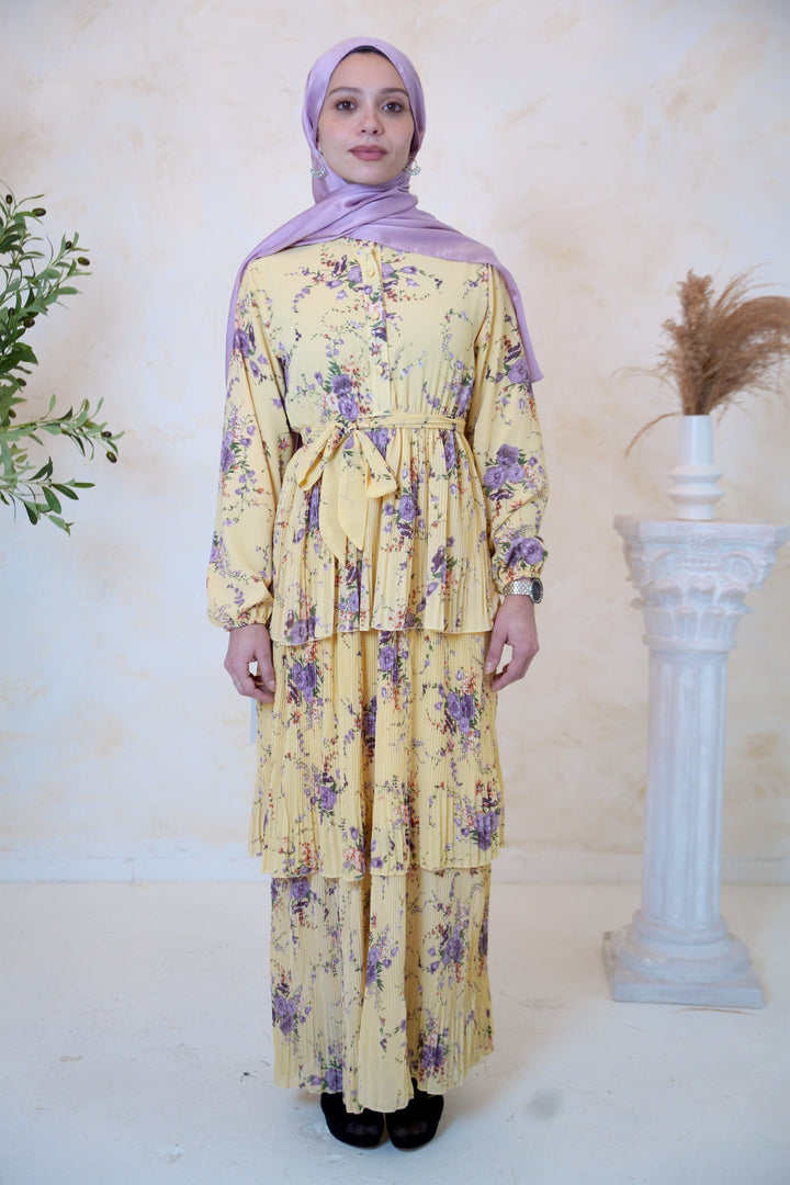 Yellow Button Down Cascading Ruffles Floral Print Maxi Dress