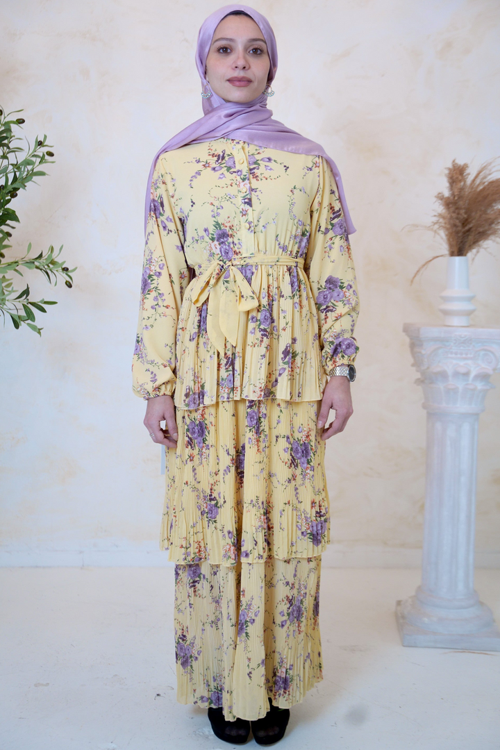 Yellow Button Down Cascading Ruffles Floral Print Maxi Dress