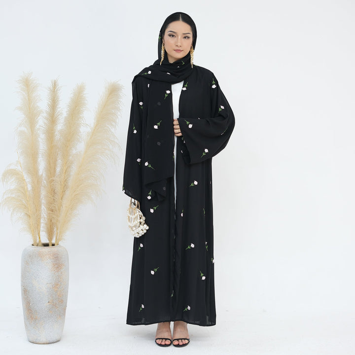 Allover Floral Embroidered Abaya and Hijab Set - One Size / Black - Abayas