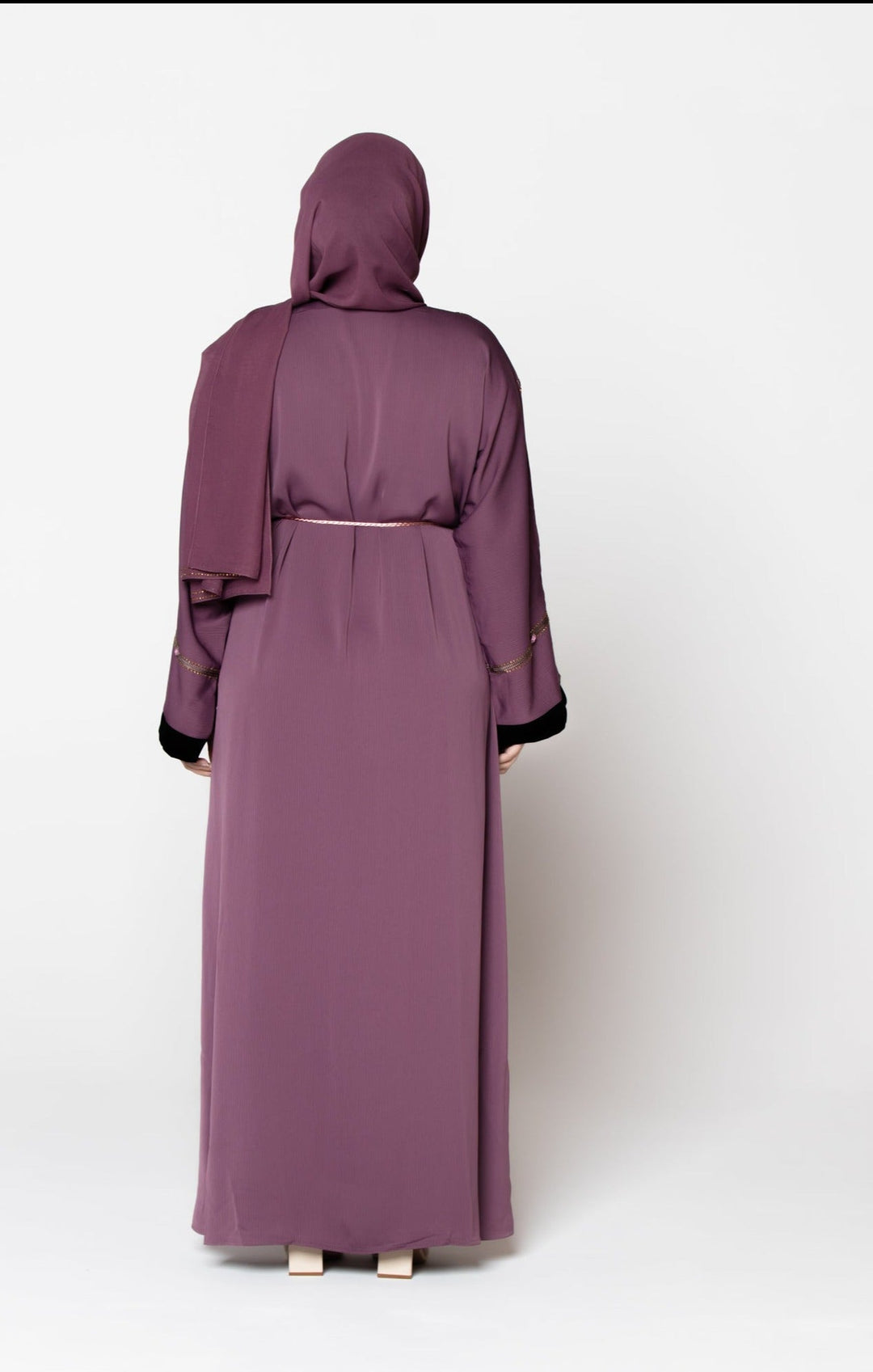 Mauve Amira Sequin Open Abaya with hood and fabric tie belt featuring kimono sleeves