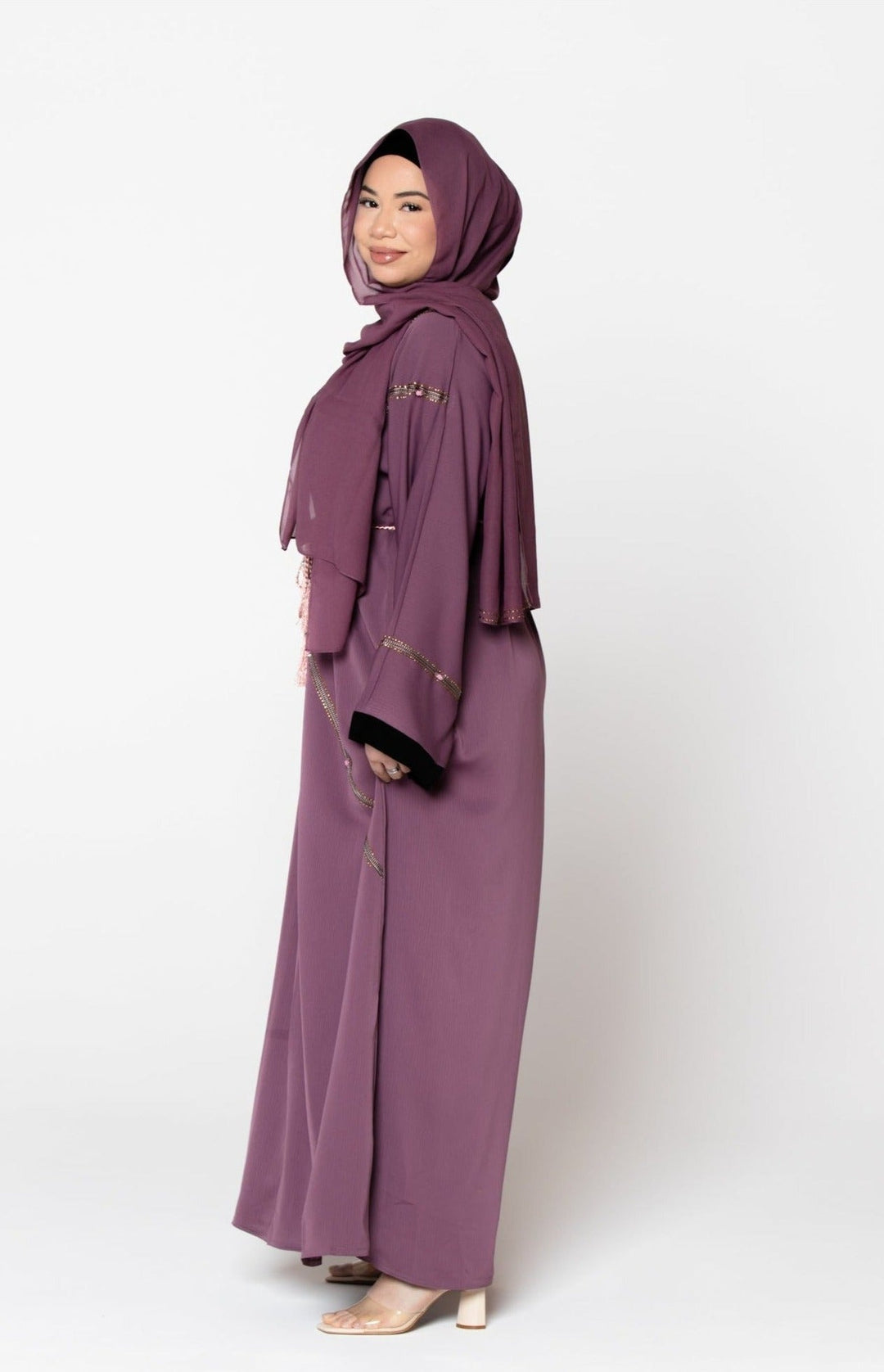 Mauve modest dress with hijab featuring kimono sleeves and a fabric tie belt