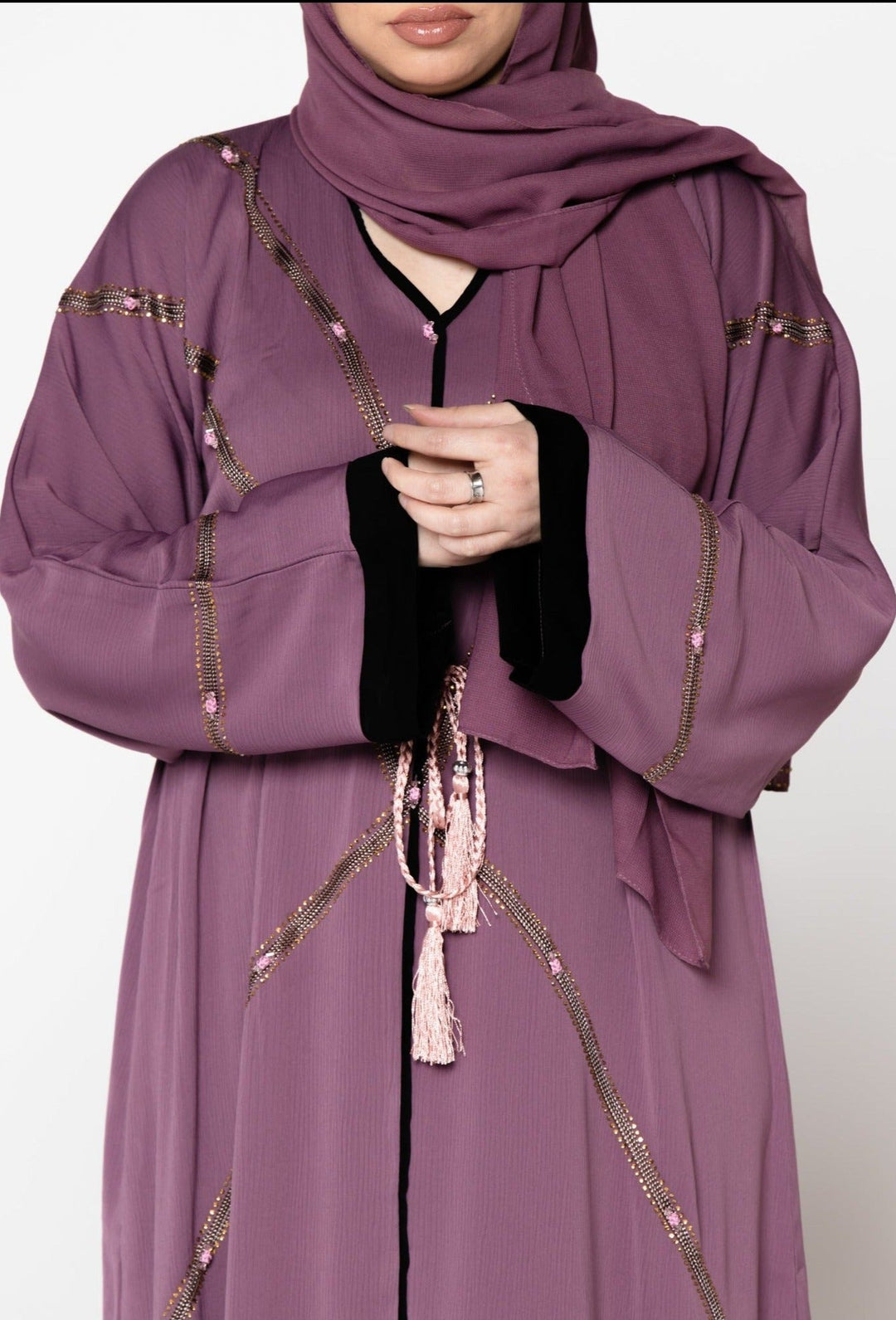 Mauve Amira Sequin Open Abaya with beaded embellishments and fabric tie belt