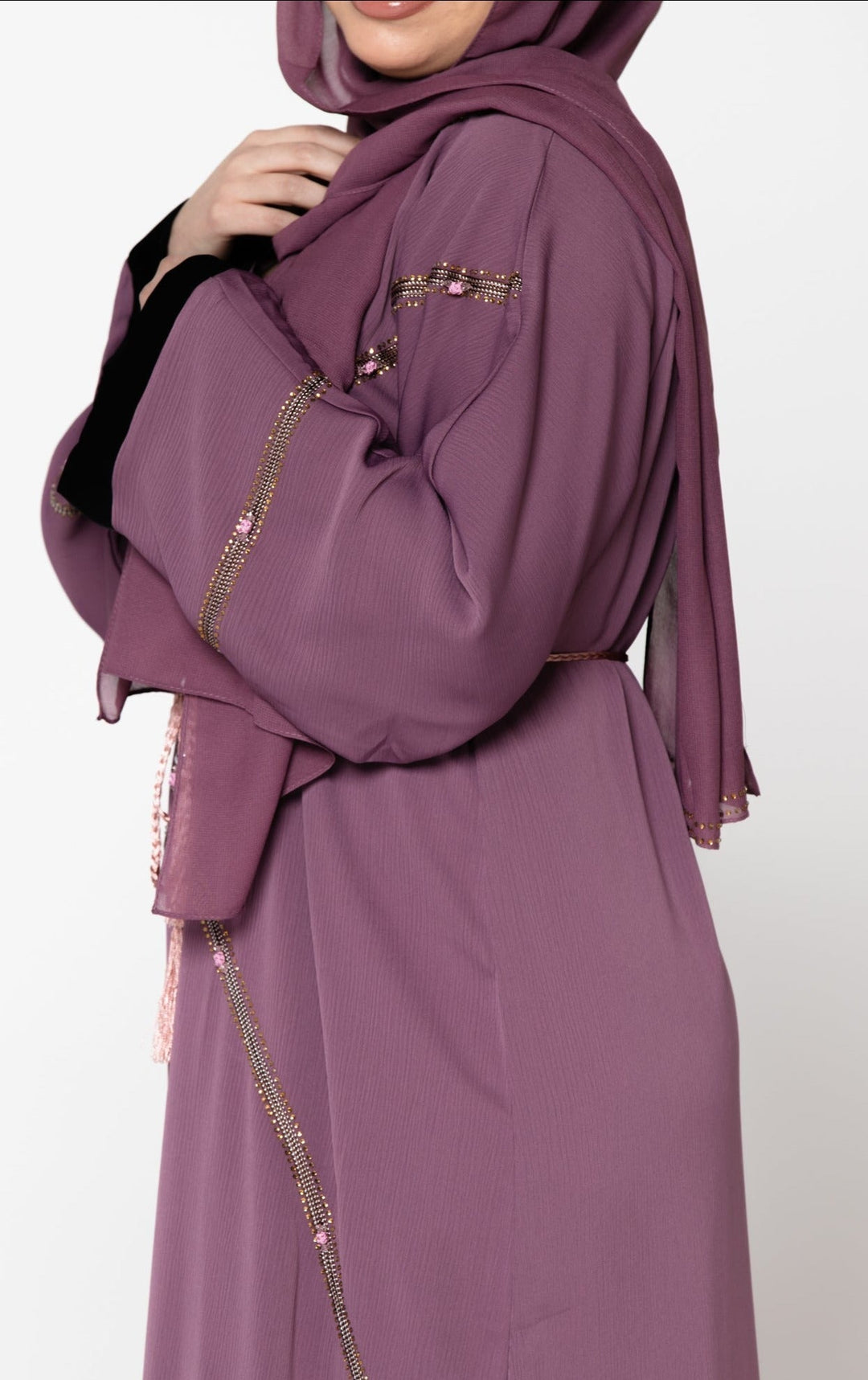 Mauve Amira Sequin Open Abaya with fabric tie belt and beaded embellishments