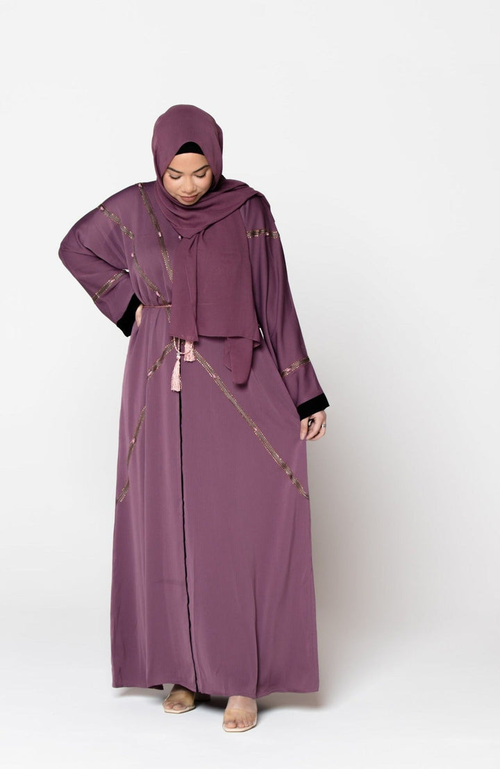 Mauve Amira Sequin Open Abaya with matching hijab and fabric tie belt, featuring kimono sleeves