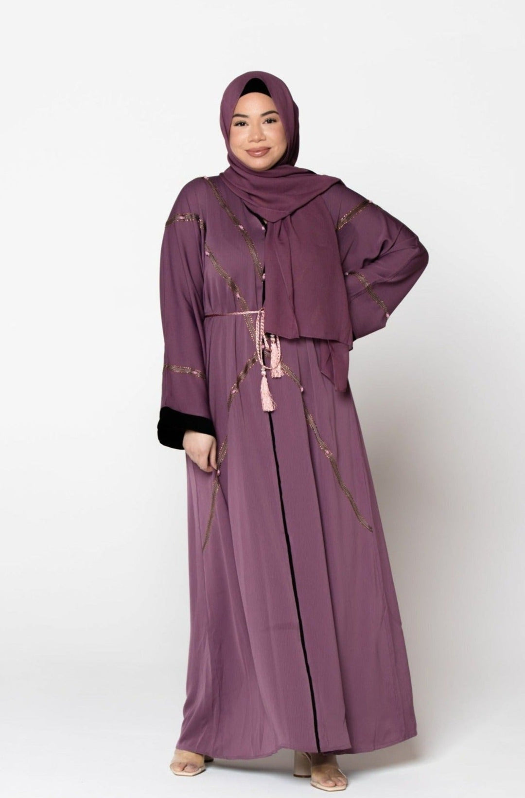 Mauve Amira Sequin Open Abaya with black trim and fabric tie belt featuring kimono sleeves