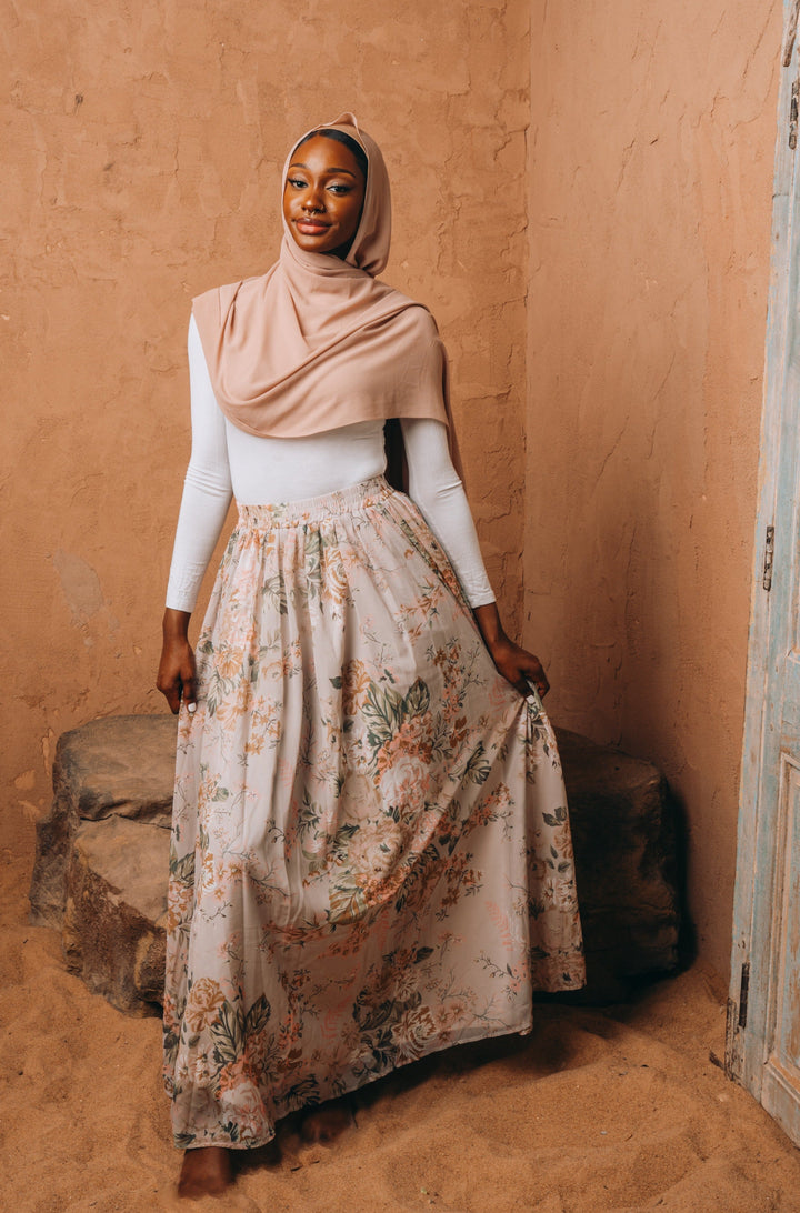 Beige Floral Chiffon Maxi Skirt