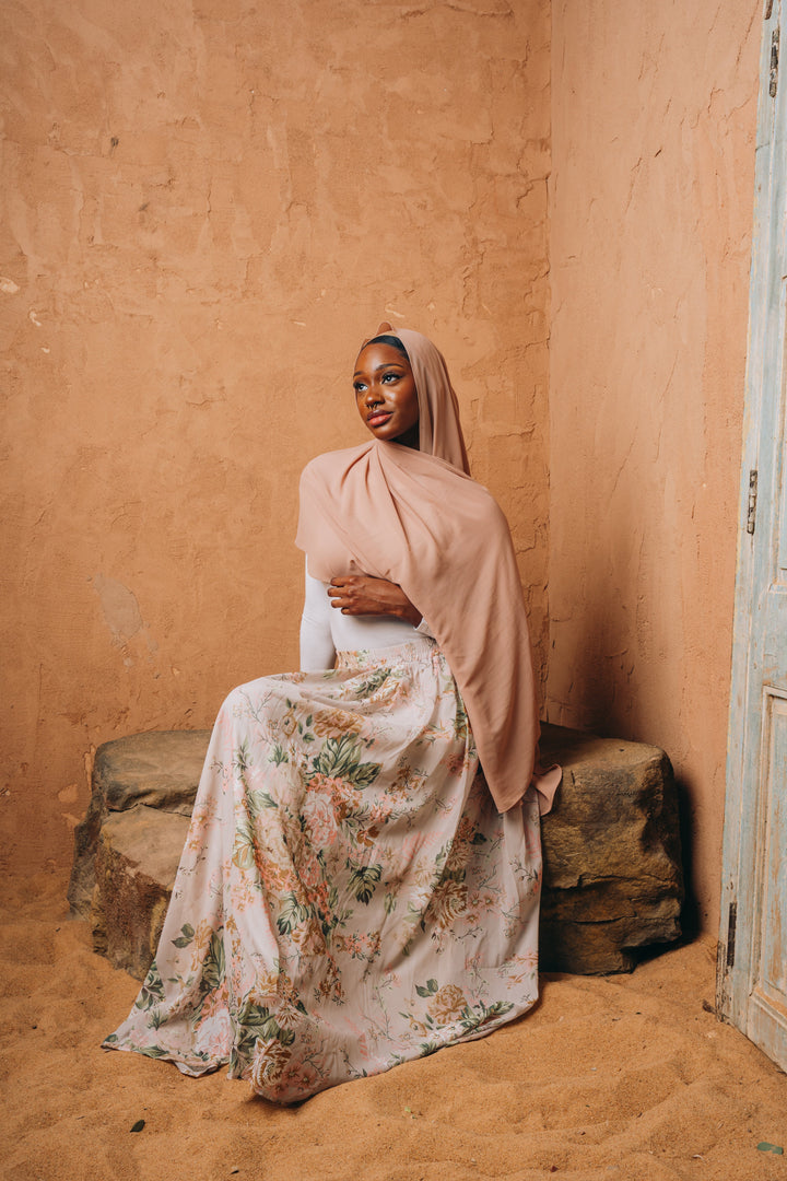 Beige Floral Chiffon Maxi Skirt