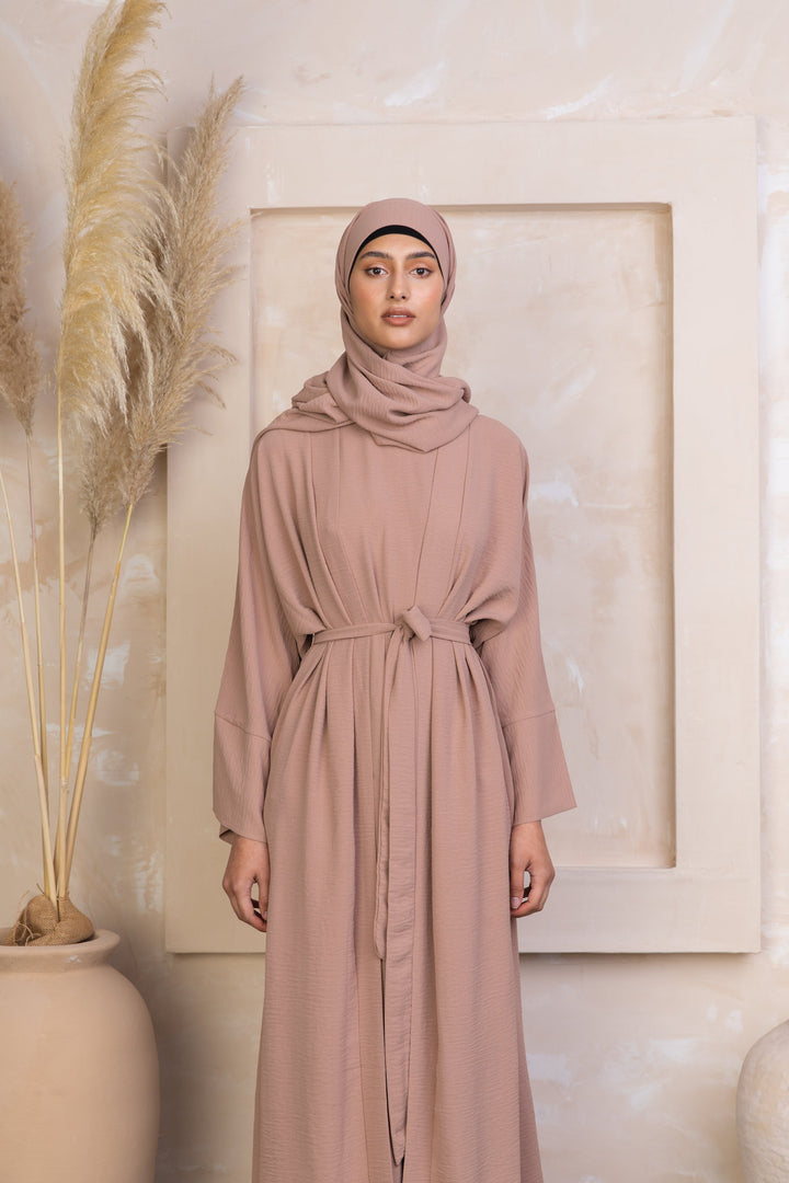 Beige Four Piece Open Abaya Set