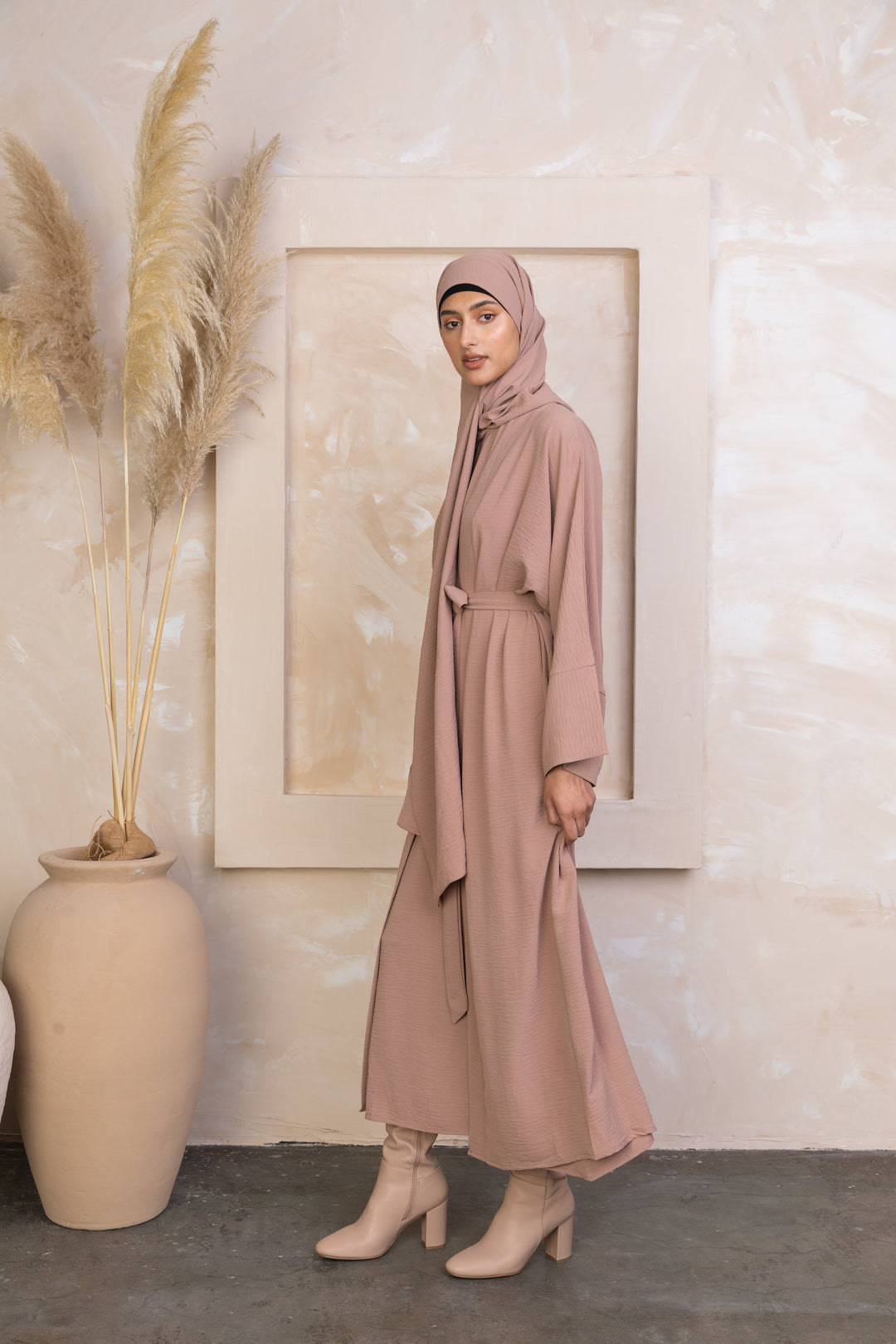 Beige Four Piece Open Abaya Set