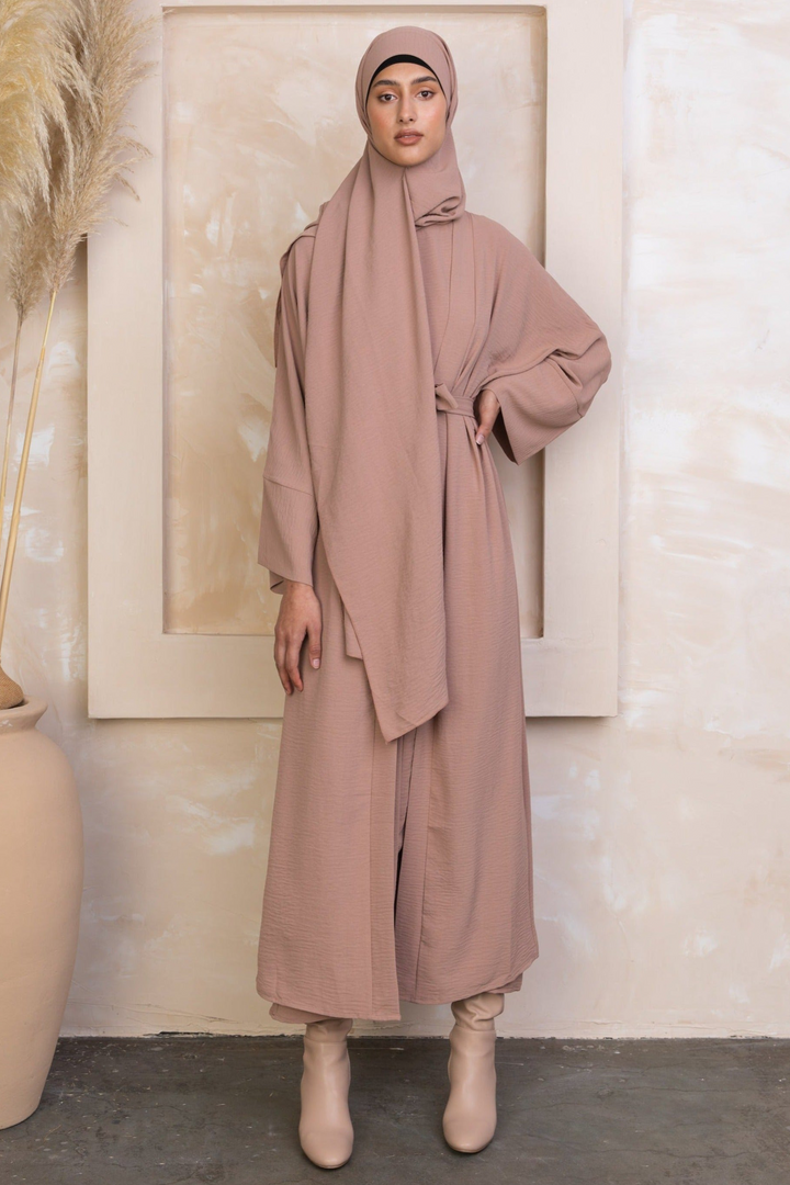 Beige Four Piece Open Abaya Set