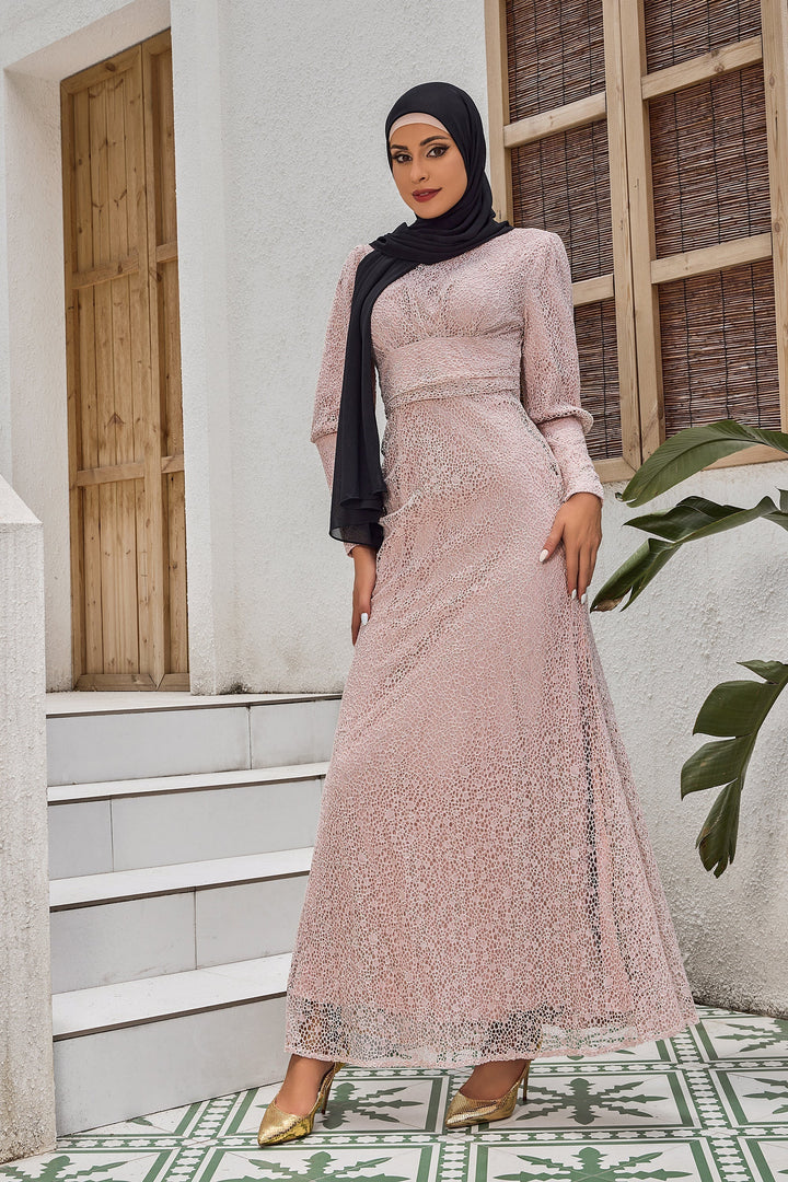 Elegant Beige Lace Ruched Waist Long Sleeve Gown with matching hijab for stylish modesty